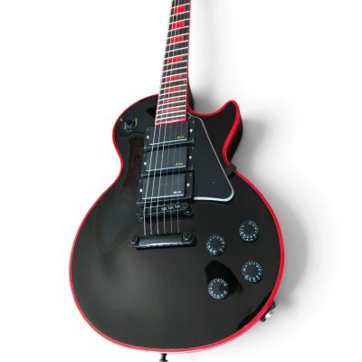 Custom Crown Frampton Gloss Black Crimson Neon Red Binding 6 String Electric Guitar 3 Pickups