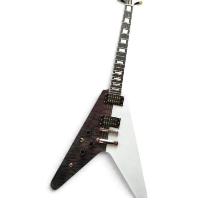 Custom Crown Symmetrical Split Gray Quilted White Michael Schenker Flying V 6 String Guitar - Image 8