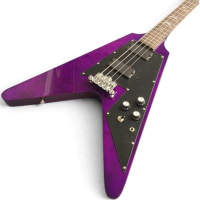 Custom Crown Korina Flying V Transparent Purple Finish 4 String Bass Crescent Moon Inlay Kirk Hammett - Image 5