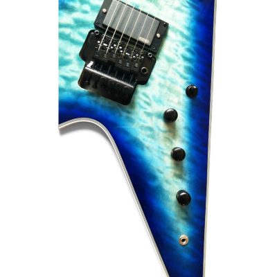 Custom Crown Blue Burst Quilted Maple Top Floyd Rose Tremolo Flying V Guitar - Image 10