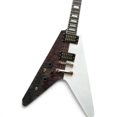 Custom Crown Symmetrical Split Gray Quilted White Michael Schenker Flying V 6 String Guitar