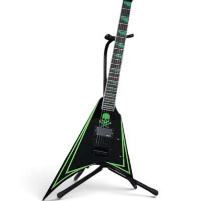 Custom Obsidian Flying V Alexi Laiho Black Lime Green Pinstripes Floyd Rose Tremolo Guitar Children of Bodom Skull - Image 2