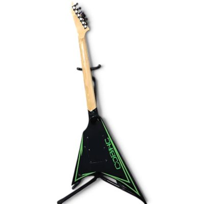 Custom Obsidian Flying V Alexi Laiho Black Lime Green Pinstripes Floyd Rose Tremolo Guitar Children of Bodom Skull - Image 6