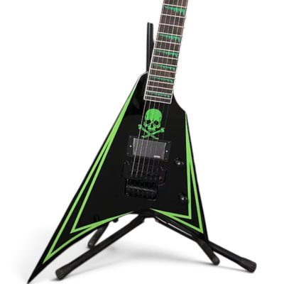 Custom Obsidian Flying V Alexi Laiho Black Lime Green Pinstripes Floyd Rose Tremolo Guitar Children of Bodom Skull