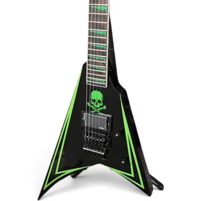 Custom Obsidian Flying V Alexi Laiho Black Lime Green Pinstripes Floyd Rose Tremolo Guitar Children of Bodom Skull - Image 4
