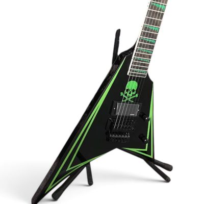 Custom Obsidian Flying V Alexi Laiho Black Lime Green Pinstripes Floyd Rose Tremolo Guitar Children of Bodom Skull - Image 5