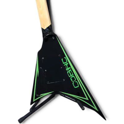Custom Obsidian Flying V Alexi Laiho Black Lime Green Pinstripes Floyd Rose Tremolo Guitar Children of Bodom Skull - Image 7