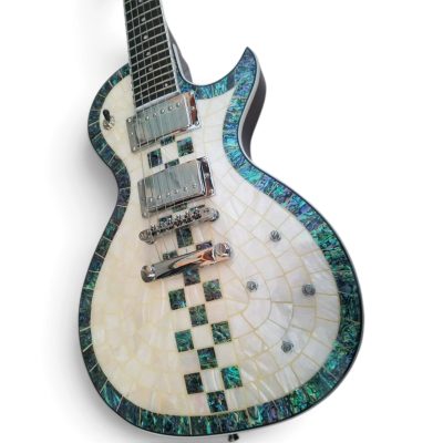 Custom Abyss Ronnie Wood White Mother of Pearl Mosaic Top Abalone Electric Guitar - Image 3