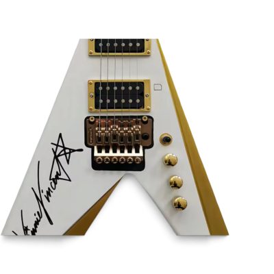 Custom Silverpine Vinnie Vincent Flying Double V Pearl White Gold Bevels Guitar Floyd Rose Tremolo - Image 5