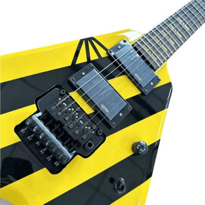 Custom Aurelius Michael Parallaxe Yellow And Black Stryper Stripes Floyd Rose Tremolo Guitar Flying V - Image 8