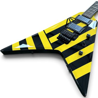 Custom Aurelius Michael Parallaxe Yellow And Black Stryper Stripes Floyd Rose Tremolo Guitar Flying V - Image 5