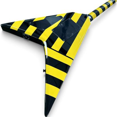 Custom Aurelius Michael Parallaxe Yellow And Black Stryper Stripes Floyd Rose Tremolo Guitar Flying V - Image 4