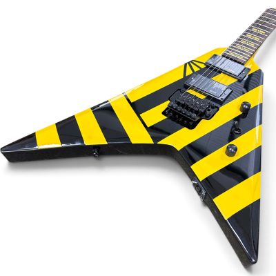 Custom Aurelius Michael Parallaxe Yellow And Black Stryper Stripes Floyd Rose Tremolo Guitar Flying V - Image 2