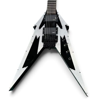 Custom Obsidian Flying V Arrow Black Brushed Silver Plate Pickguards Floyd Rose Tremolo Guitar