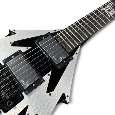 Custom Obsidian Flying V Arrow Black Brushed Silver Plate Pickguards Floyd Rose Tremolo Guitar - Image 6