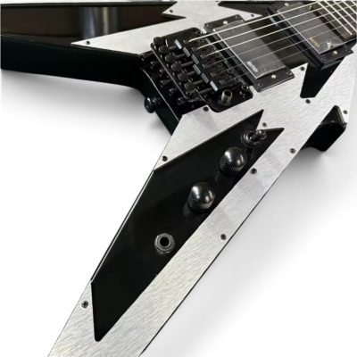 Custom Obsidian Flying V Arrow Black Brushed Silver Plate Pickguards Floyd Rose Tremolo Guitar - Image 5