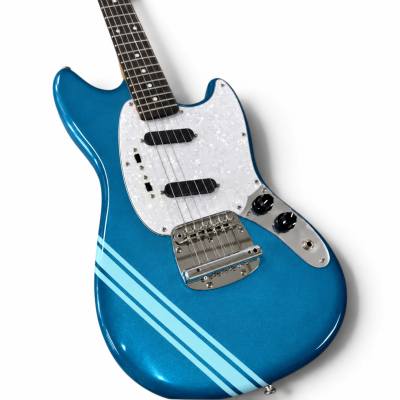 Custom Regent Mustang Cobain Metallic Lake Placid Blue Finish Pale Aqua Blue Stripes Electric Guitar - Image 2