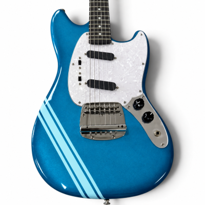Custom Regent Mustang Cobain Metallic Lake Placid Blue Finish Pale Aqua Blue Stripes Electric Guitar - Image 5